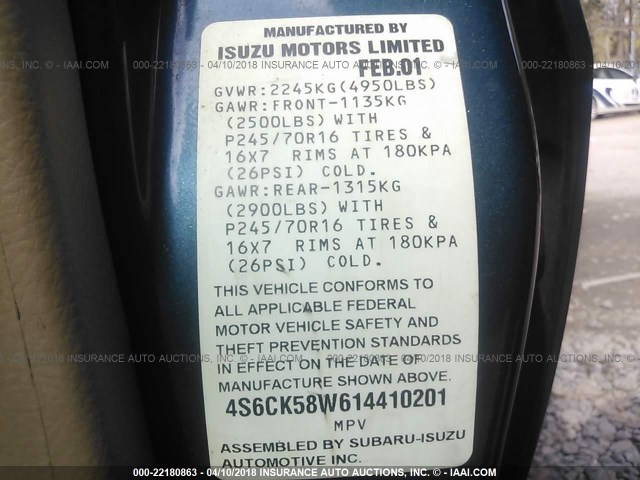 4S6CK58W614410201 - 2001 HONDA PASSPORT EX/LX 蓝色 照片 9