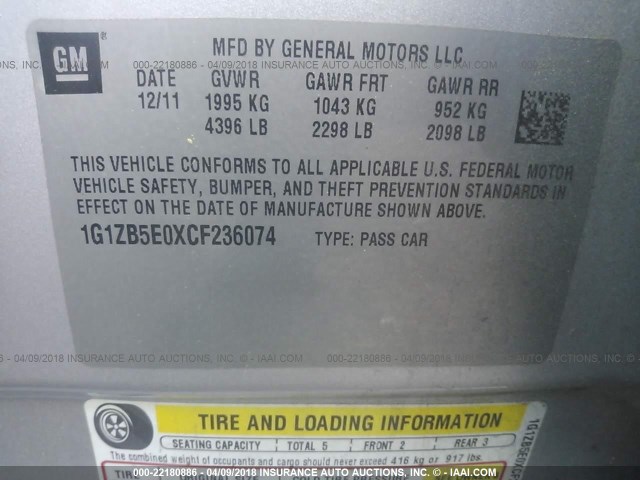 1G1ZB5E0XCF236074 - 2012 CHEVROLET MALIBU LS ვერცხლისფერი ფოტო 9