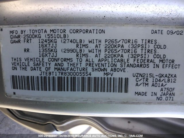 JTEBT17R830005554 - 2003 TOYOTA 4RUNNER LIMITED SILVER photo 9