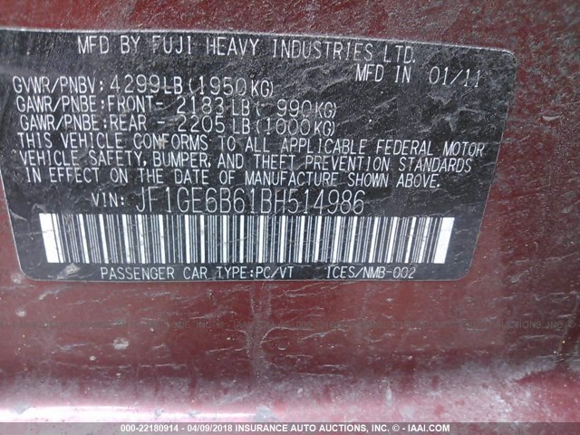 JF1GE6B61BH514986 - 2011 SUBARU IMPREZA 2.5I PREMIUM RED photo 9