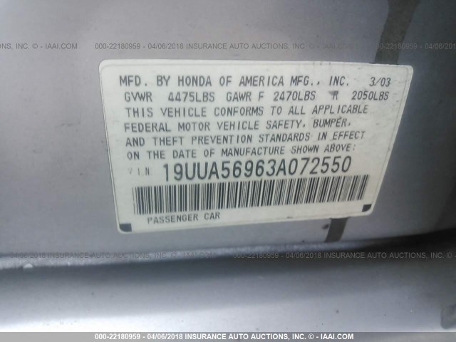 19UUA56963A072550 - 2003 ACURA 3.2TL TYPE-S SILVER photo 9