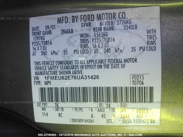 1FMEU62E76UA31426 - 2006 FORD EXPLORER XLS BROWN photo 9