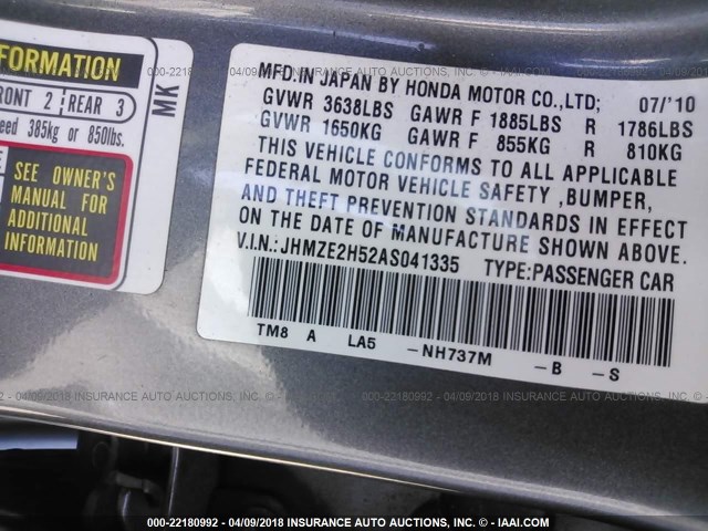 JHMZE2H52AS041335 - 2010 HONDA INSIGHT LX GRAY photo 9