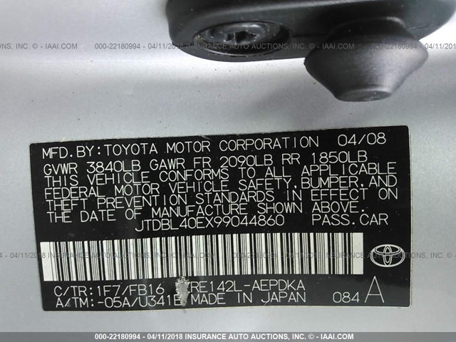 JTDBL40EX99044860 - 2009 TOYOTA COROLLA LE/XLE SILVER photo 9