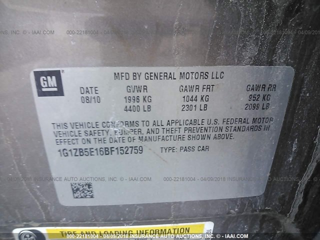 1G1ZB5E16BF152759 - 2011 CHEVROLET MALIBU LS 棕色 照片 9