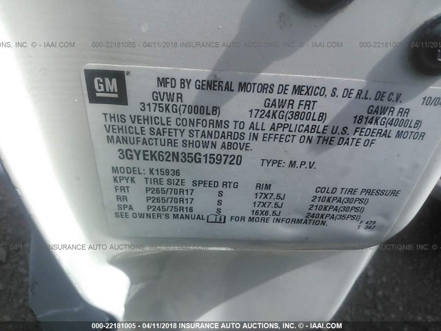 3GYEK62N35G159720 - 2005 CADILLAC ESCALADE EXT WHITE photo 9