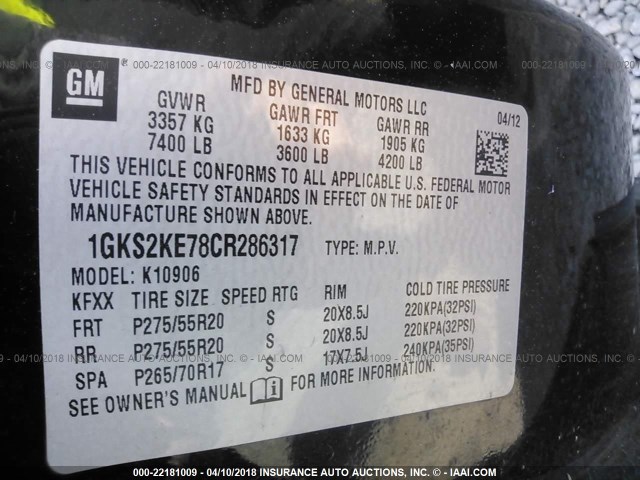 1GKS2KE78CR286317 - 2012 GMC YUKON XL K1500 SLT BLACK photo 9