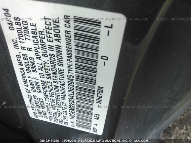 1HGEM22934L053945 - 2004 HONDA CIVIC EX SILVER photo 9