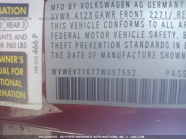 WVWEV71K77W097592 - 2007 VOLKSWAGEN NEW GTI RED photo 9