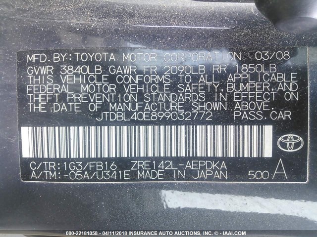 JTDBL40E899032772 - 2009 TOYOTA COROLLA LE/XLE GRAY photo 9