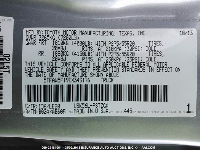 5TFAW5F19EX343176 - 2014 TOYOTA TUNDRA CREWMAX PLATINUM SILVER photo 9