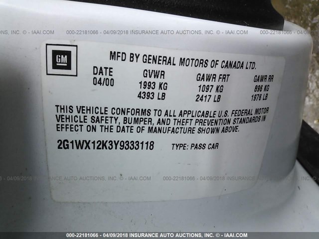 2G1WX12K3Y9333118 - 2000 CHEVROLET MONTE CARLO SS 白色 照片 9