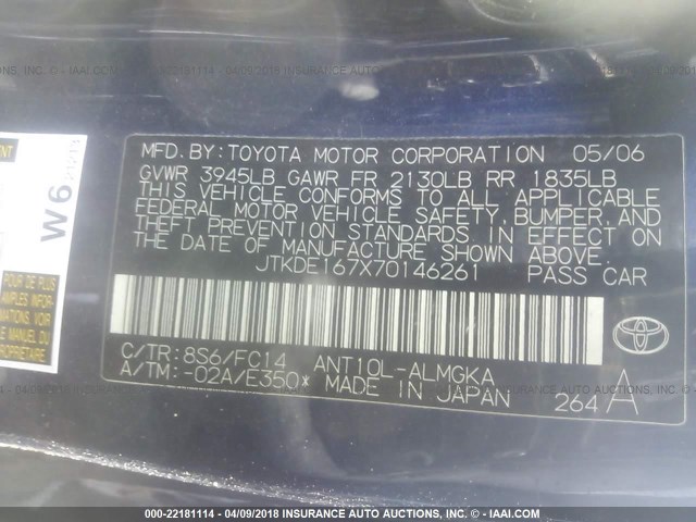 JTKDE167X70146261 - 2007 TOYOTA SCION TC 蓝色 照片 9