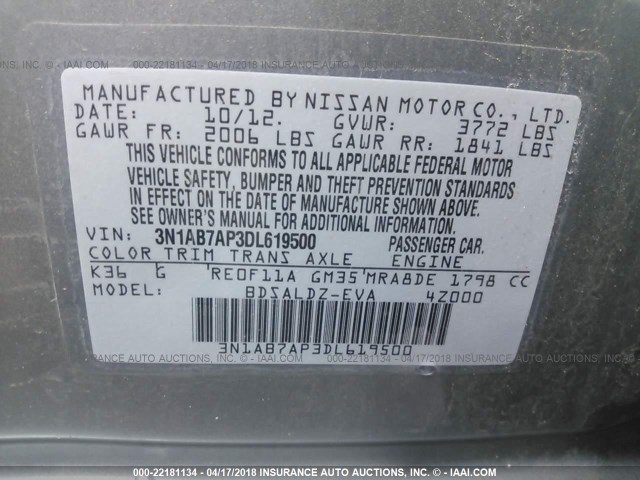 3N1AB7AP3DL619500 - 2013 NISSAN SENTRA S/SV/SR/SL GRAY photo 9