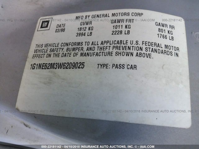 1G1NE52M3W6209025 - 1998 CHEVROLET MALIBU LS ვერცხლისფერი ფოტო 9