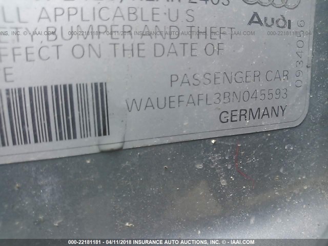 WAUEFAFL3BN045593 - 2011 AUDI A4 PREMIUM PLUS GRAY photo 9