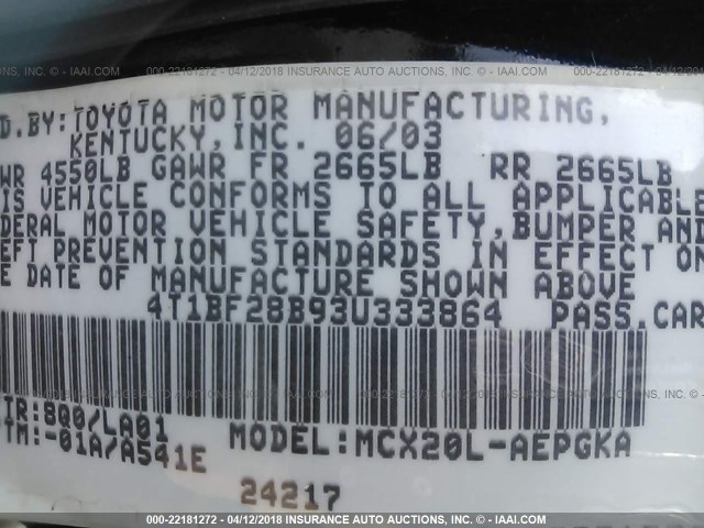 4T1BF28B93U333864 - 2003 TOYOTA AVALON XL/XLS BLUE photo 9