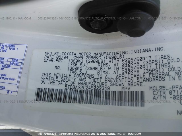 5TDBA22C24S022349 - 2004 TOYOTA SIENNA XLE/XLE LIMITED WHITE photo 9