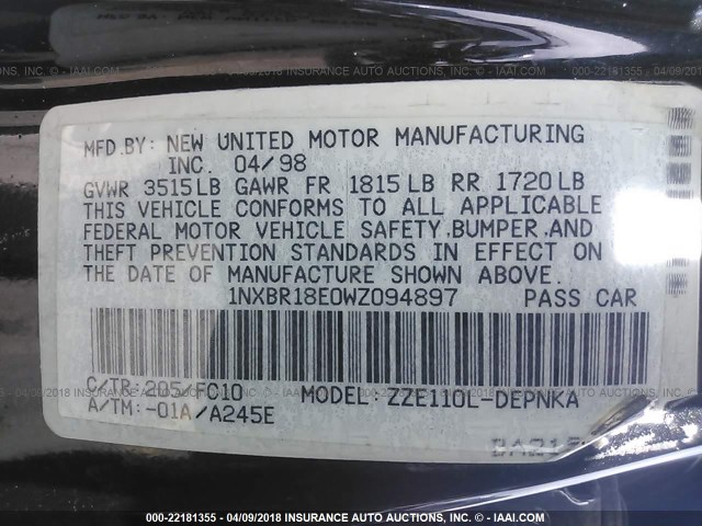 1NXBR18E0WZ094897 - 1998 TOYOTA COROLLA VE/CE/LE 灰色 照片 9