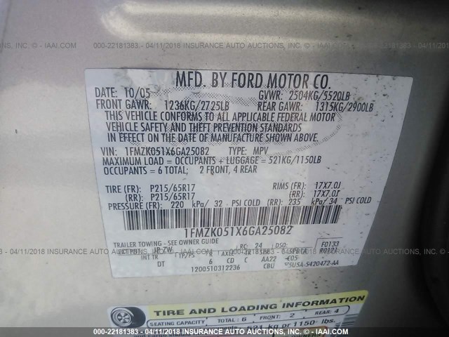 1FMZK051X6GA25082 - 2006 FORD FREESTYLE SEL SILVER photo 9