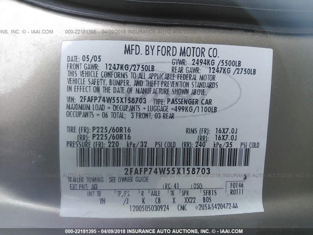 2FAFP74W55X158703 - 2005 FORD CROWN VICTORIA LX TAN photo 9