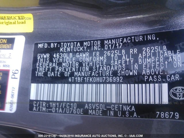 4T1BF1FK0HU736992 - 2017 TOYOTA CAMRY LE/XLE/SE/XSE GRAY photo 9