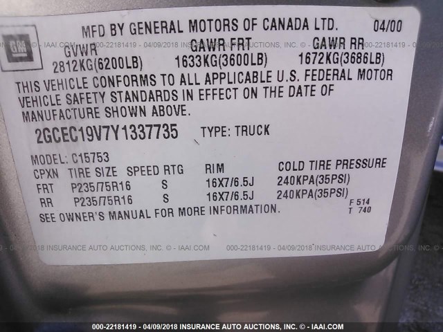 2GCEC19V7Y1337735 - 2000 CHEVROLET SILVERADO C1500 TAN photo 9