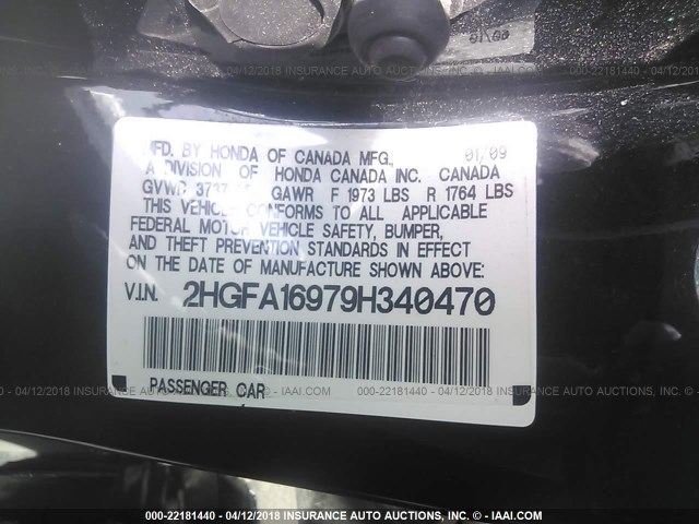 2HGFA16979H340470 - 2009 HONDA CIVIC EXL BLACK photo 9