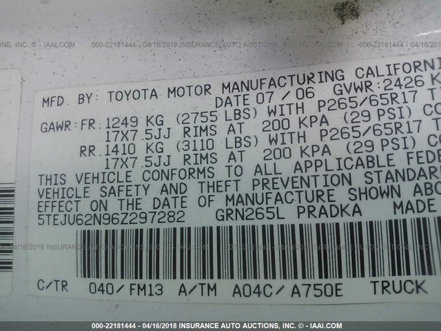 5TEJU62N96Z297282 - 2006 TOYOTA TACOMA DOUBLE CAB PRERUNNER WHITE photo 9