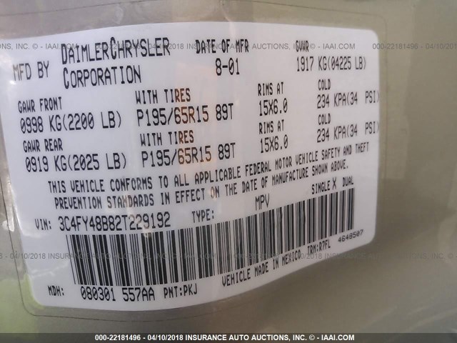 3C4FY48B82T229192 - 2002 CHRYSLER PT CRUISER CLASSIC 金色 照片 9