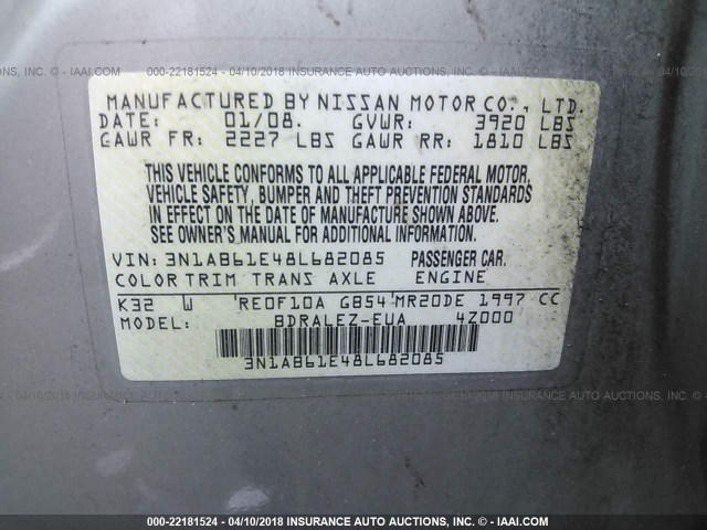 3N1AB61E48L682085 - 2008 NISSAN SENTRA 2.0/2.0S/2.0SL GRAY photo 9