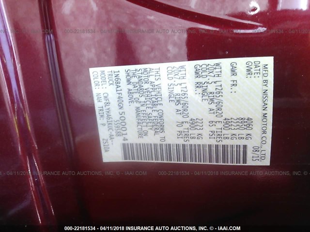 1N6BA1F40GN500014 - 2016 NISSAN TITAN XD SL/PRO-4X/PLAT RESERVE RED photo 9