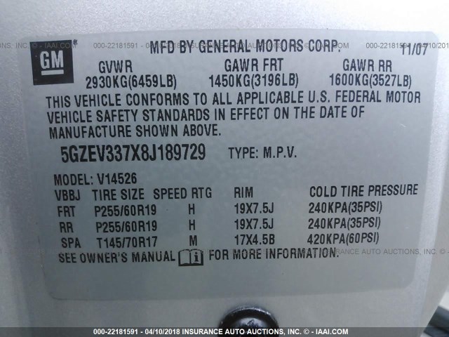 5GZEV337X8J189729 - 2008 SATURN OUTLOOK XR/TOURING 银色 照片 9