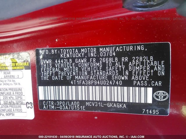 4T1FA38P94U024740 - 2004 TOYOTA CAMRY SOLARA SE/SLE RED photo 9