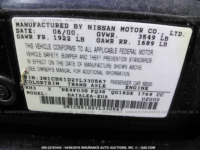 3N1CB51D2YL330567 - 2000 NISSAN SENTRA XE/GXE BLACK photo 9