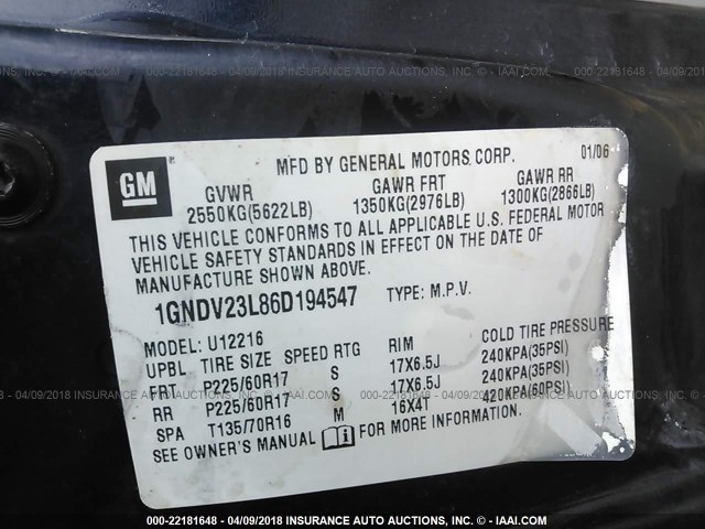 1GNDV23L86D194547 - 2006 CHEVROLET UPLANDER LS BLUE photo 9