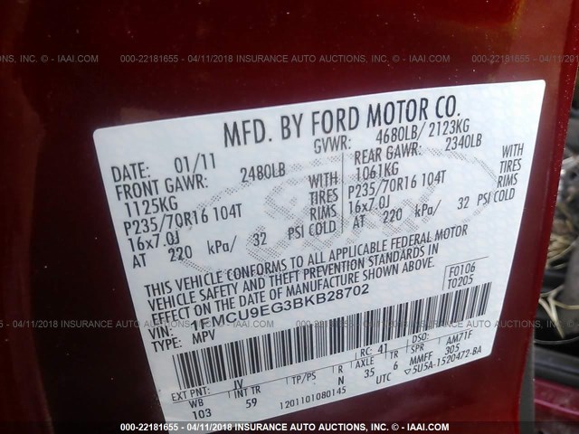 1FMCU9EG3BKB28702 - 2011 FORD ESCAPE LIMITED RED photo 9