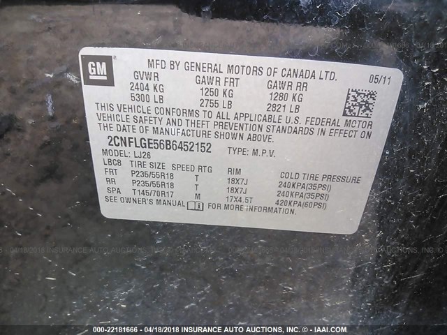 2CNFLGE56B6452152 - 2011 CHEVROLET EQUINOX LTZ BLACK photo 9