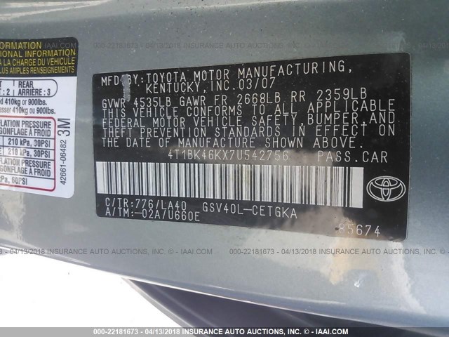 4T1BK46KX7U542756 - 2007 TOYOTA CAMRY NEW GENERAT LE/XLE/SE GREEN photo 9