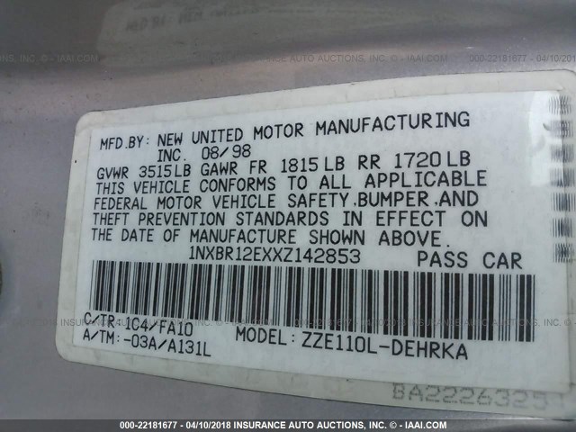 1NXBR12EXXZ142853 - 1999 TOYOTA COROLLA VE/CE/LE 银色 照片 9