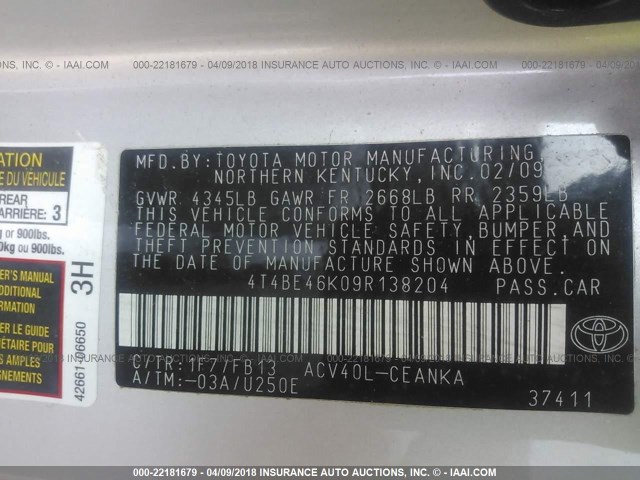 4T4BE46K09R138204 - 2009 TOYOTA CAMRY SE/LE/XLE SILVER photo 9