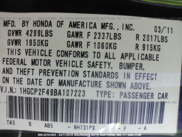 1HGCP2F49BA107223 - 2011 HONDA ACCORD LXP BLACK photo 9