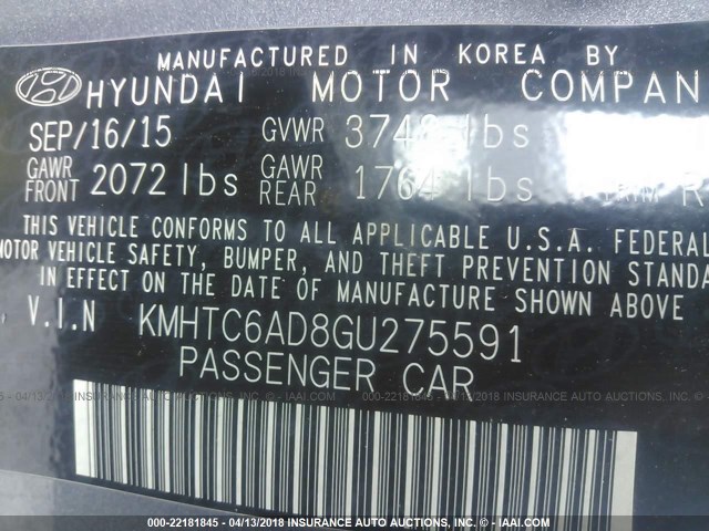 KMHTC6AD8GU275591 - 2016 HYUNDAI VELOSTER BLUE photo 9