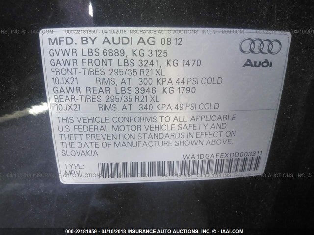 WA1DGAFEXDD003311 - 2013 AUDI Q7 PRESTIGE GRAY photo 9