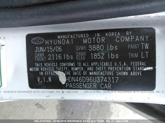 KMHDN46D96U374317 - 2006 HYUNDAI ELANTRA GLS/GT/LIMITED SILVER photo 9