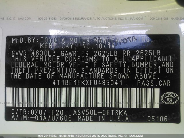 4T1BF1FKXFU485041 - 2015 TOYOTA CAMRY LE/XLE/SE/XSE თეთრი ფოტო 9