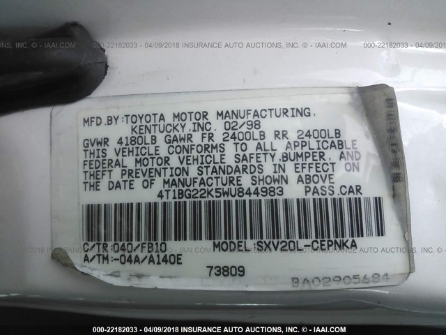 4T1BG22K5WU844983 - 1998 TOYOTA CAMRY CE/LE/XLE 白色 照片 9