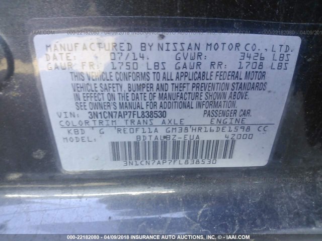 3N1CN7AP7FL838530 - 2015 NISSAN VERSA S/S PLUS/SV/SL GRAY photo 9