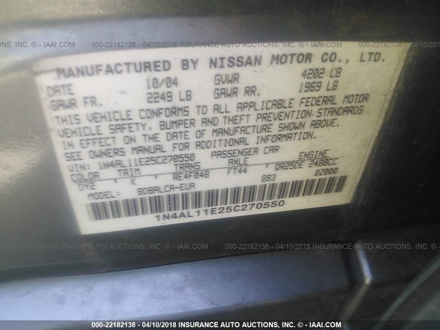 1N4AL11E25C270550 - 2005 NISSAN ALTIMA S/SL GREEN photo 9