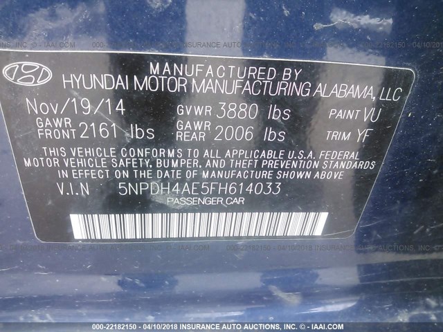 5NPDH4AE5FH614033 - 2015 HYUNDAI ELANTRA SE/SPORT/LIMITED BLUE photo 9